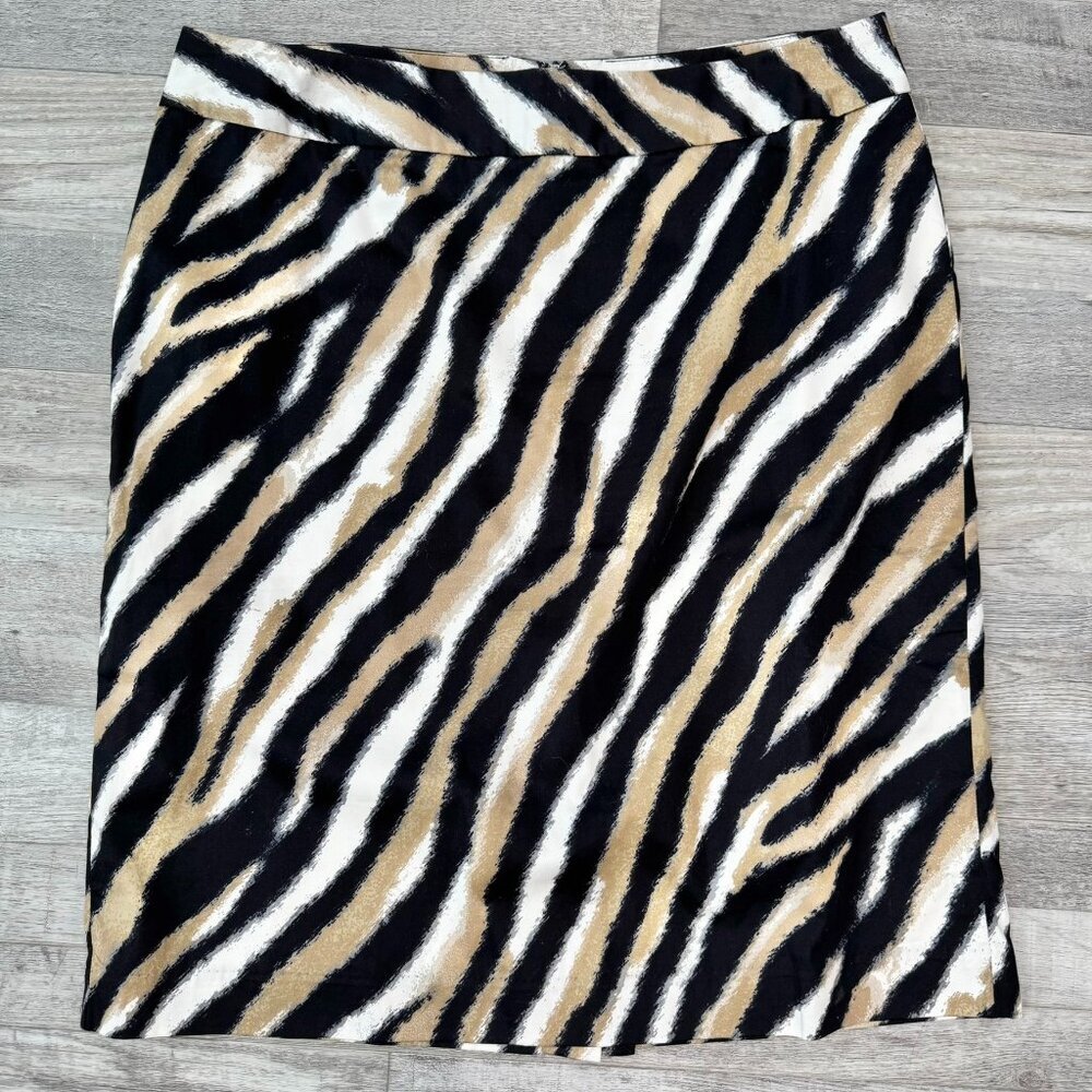 Talbots black brown animal print pencil skirt knee length size 12 G28